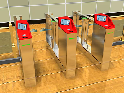 Public Facility Red Turnstiles With Metal Structure And Digital Display Screens 3d model