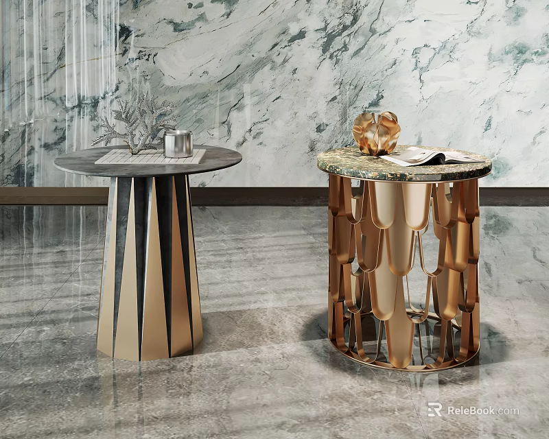 Elegant Modern Side Tables With Round Marble Top And Geometric Metal Decorative Base 3d model 