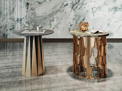 Elegant Modern Side Tables With Round Marble Top And Geometric Metal Decorative Base 3d model