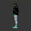 Man Wearing Black Jacket Green T Shirt Gray Pants Bright Blue Shoes With Arms Outstretched