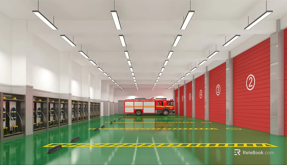 Fire Truck Garage With Red Walls Number Signs Green Floor Lockers Long Ceiling Lights 3d model 