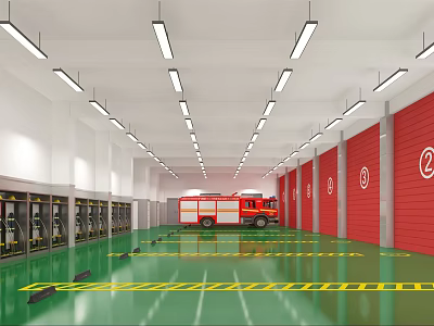 Fire Truck Garage With Red Walls Number Signs Green Floor Lockers Long Ceiling Lights 3d model