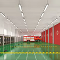 Fire Truck Garage With Red Walls Number Signs Green Floor Lockers Long Ceiling Lights