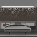 Modern Bedroom Interior Design With Dotted Accent Wall Upholstered Bed And Wooden Bench