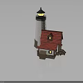 Traditional Lighthouse And Cottage Building With Red Roof Blue Top Yellow Light And Windows