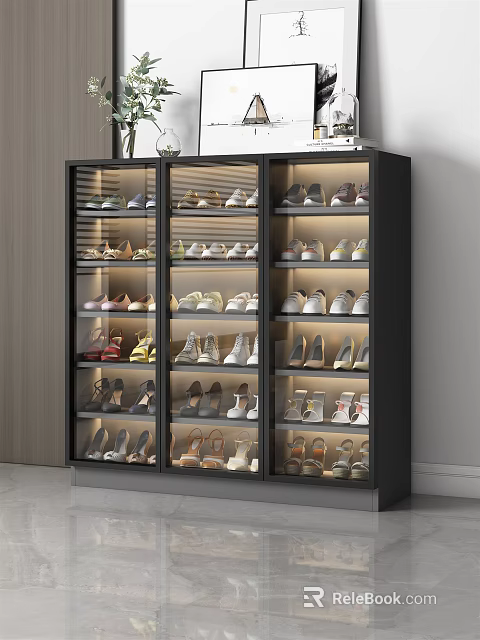 Modern Shoe Cabinet With Glass Doors And Multiple Shelves For Storing Various Shoes 3d model 