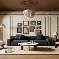 Elegant Living Room Interior With Beige Wainscoting Walls Brown Ceiling Chandelier Navy Sofa And Artworks