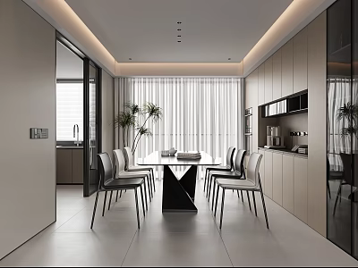 Modern Restaurant Interior Design With Open Layout Dining Table Chairs And Cabinets 3d model