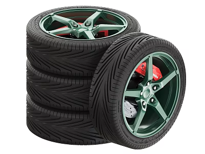 Two Car Tires With Green Rims Stacked And Red Brake Calipers Tread Patterns 3d model