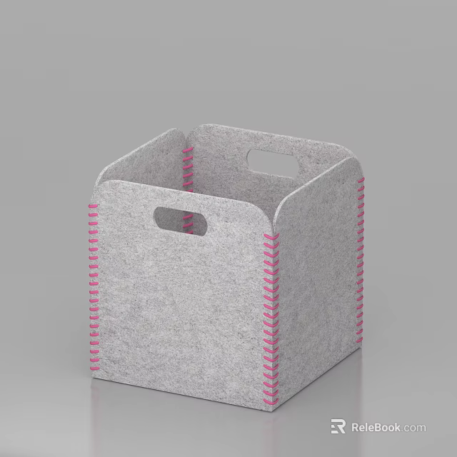 Gray Felt Storage Basket with Pink Stitching and Handles for Home Organization 3d model 