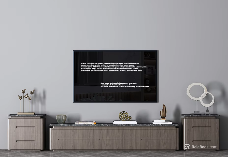 Modern Wall Mounted TV Above Stylish TV Stand With Decorative Books And Ornaments 3d model 