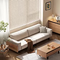 Soft Beige Upholstered Three Seater Sofa With Natural Wooden Frame For Warm Cozy Bright Living Room