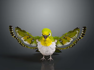 Colorful Bird With Green Yellow Feathers Spreading Wings And White Belly Against Gray Background 3d model