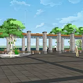 Park Landscape with Red Lanterns on Lamp Posts White Archway Trees and Paved Square 3d model