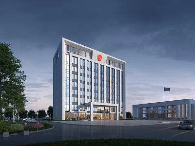 Modern Office Building With Glass Curtain Wall Grand Entrance And Landscaped Surroundings 3d model
