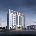 Modern Office Building With Glass Curtain Wall Grand Entrance And Landscaped Surroundings