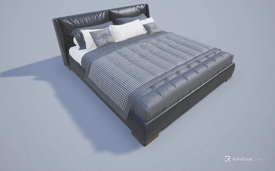 Modern Leather Double Bed With Gray Checkered Quilt And White Gray Pillows 3d model 