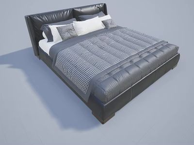 Modern Leather Double Bed With Gray Checkered Quilt And White Gray Pillows 3d model