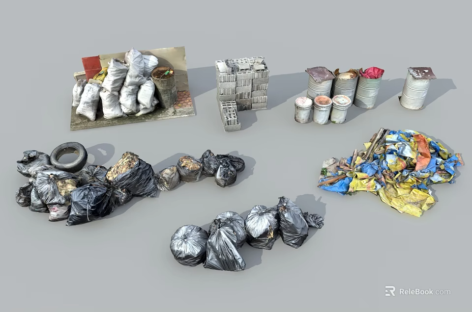 Construction Components Including Bricks Garbage Bags And Trash Bins Assortment 3d model
