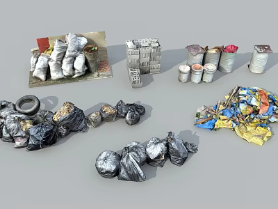 Old Tire Paint Bucket Old Brick Tarpaulin Black Plastic Bag Building Life Shattered 3d model