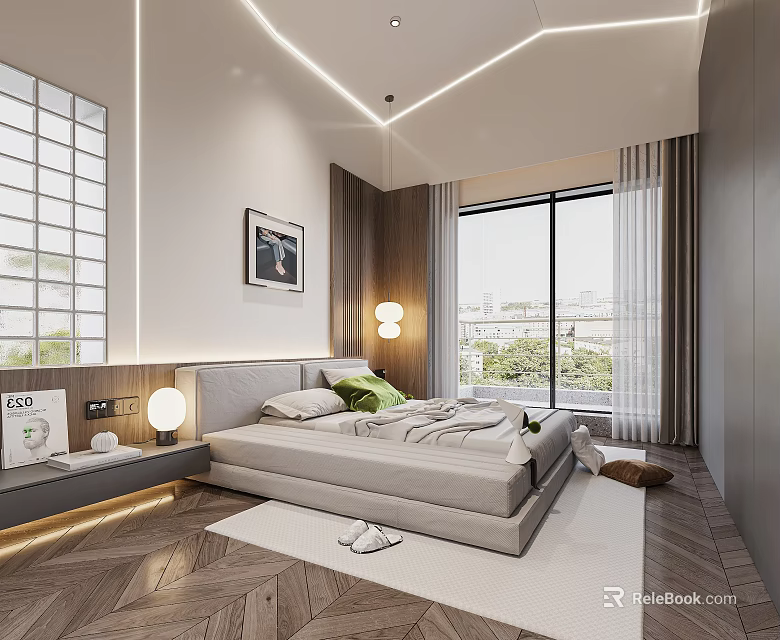 Modern Bedroom Interior With Comfortable Bed Bedside Lamps Large Window And Wooden Floor 3d model 