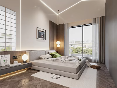 Modern Bedroom Interior With Comfortable Bed Bedside Lamps Large Window And Wooden Floor 3d model