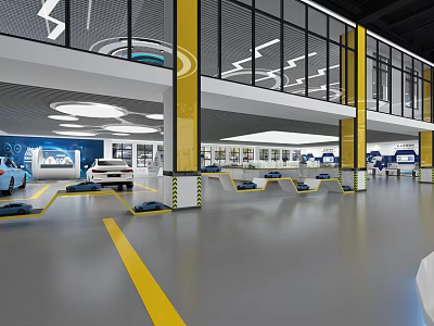 Modern Multi Level Parking Garage Interior With Yellow Columns Glass Curtain Walls And Parked Cars 3d model