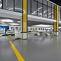 Modern Multi Level Parking Garage Interior With Yellow Columns Glass Curtain Walls And Parked Cars