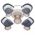 Round Marble Top Dining Table Set with Metal Frame and Woven Upholstered Chairs