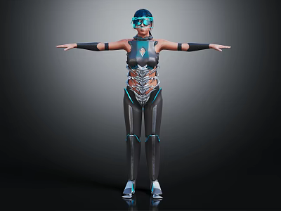 Futuristic Sci Fi Character In Mechanical Costume With Blue Accents Helmet Standing Arms Outstretched 3d model