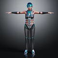 Futuristic Sci Fi Character In Mechanical Costume With Blue Accents Helmet Standing Arms Outstretched