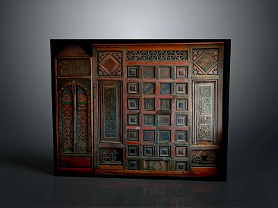 Vintage Wooden Decorative Panel with Intricate Carved Patterns and Colorful Accent Designs 3d model