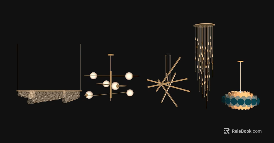 Modern Chandeliers With Geometric Structures Spherical Lights And Hanging Chains 3d model 