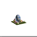 Decorative Ornament Set With Blue Pink Yellow Easter Eggs White Flowers And Green Grass Pad