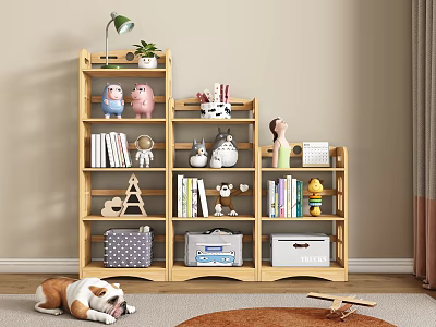Decorative Ornament Set on Wooden Bookshelf with Books Storage Baskets Piggy Dolls and Rocket Model 3d model