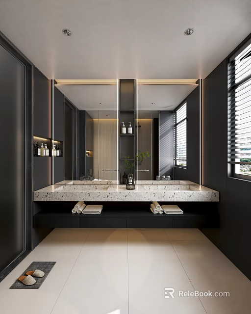 Modern Dark Tone Bathroom Interior With Terrazzo Double Sink Vanity And LED Backlit Mirror 3d model 