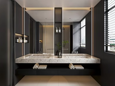 Modern Dark Tone Bathroom Interior With Terrazzo Double Sink Vanity And LED Backlit Mirror 3d model