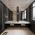 Modern Dark Tone Bathroom Interior With Terrazzo Double Sink Vanity And LED Backlit Mirror