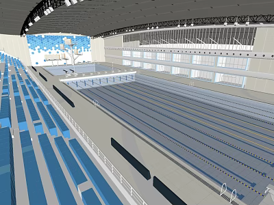 Large Indoor Swimming Pool Venue With Multiple Lanes And Blue Spectator Seats 3d model