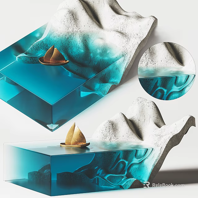Blue Transparent Acrylic Coffee Table With Small Boat Decoration And White Mountain Shaped Accents 3d model 