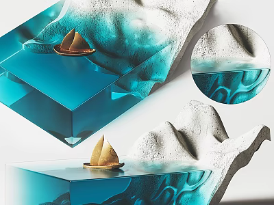 Blue Transparent Acrylic Coffee Table With Small Boat Decoration And White Mountain Shaped Accents 3d model