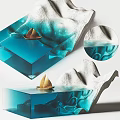 Blue Transparent Acrylic Coffee Table With Small Boat Decoration And White Mountain Shaped Accents