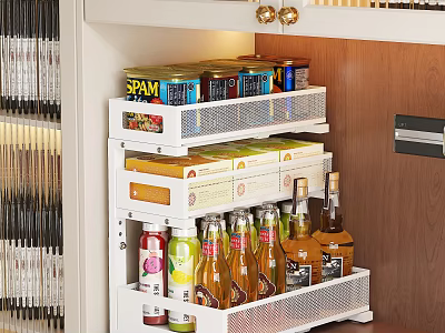 Modern White Wine Cabinet With Multi Layer Shelves And SPAM Cans Bottled Drinks 3d model