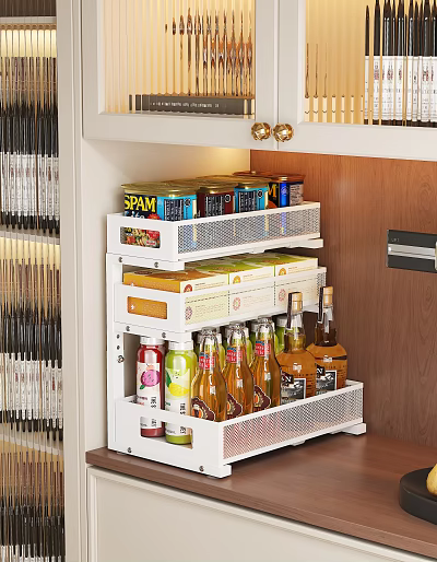 Modern White Wine Cabinet With Multi Layer Shelves And SPAM Cans Bottled Drinks 3d model