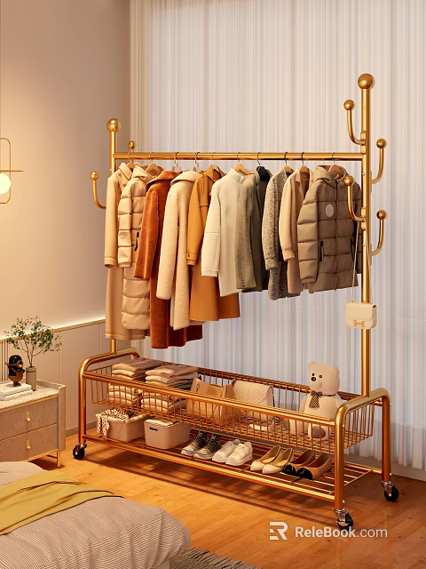 Bedroom Interior With Golden Clothes Rack Hanging Coats Storage Rack Folded Clothes And Plush Toy 3d model 