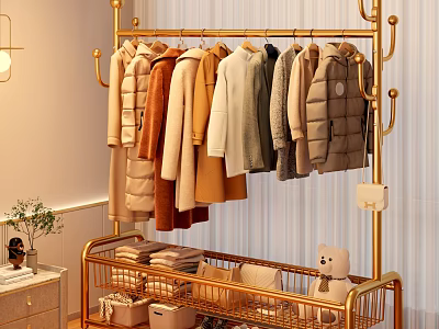 Bedroom Interior With Golden Clothes Rack Hanging Coats Storage Rack Folded Clothes And Plush Toy 3d model
