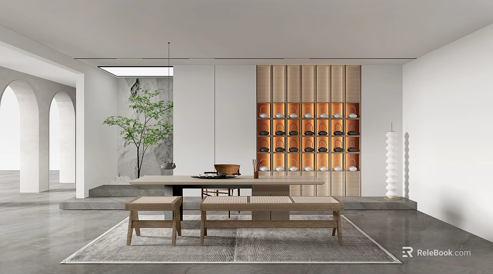 Modern Tea Room Interior With Wooden Table Stools Green Plant And Tea Set Shelves 3d model 