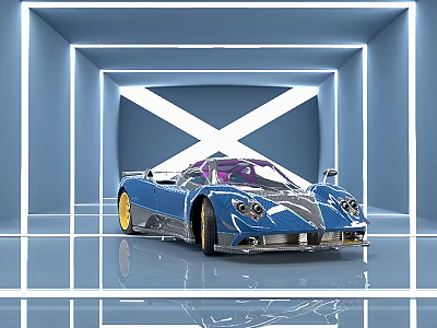 Commercial Equipment Blue Sports Car With Purple Interior In Modern Display Space White X Background 3d model
