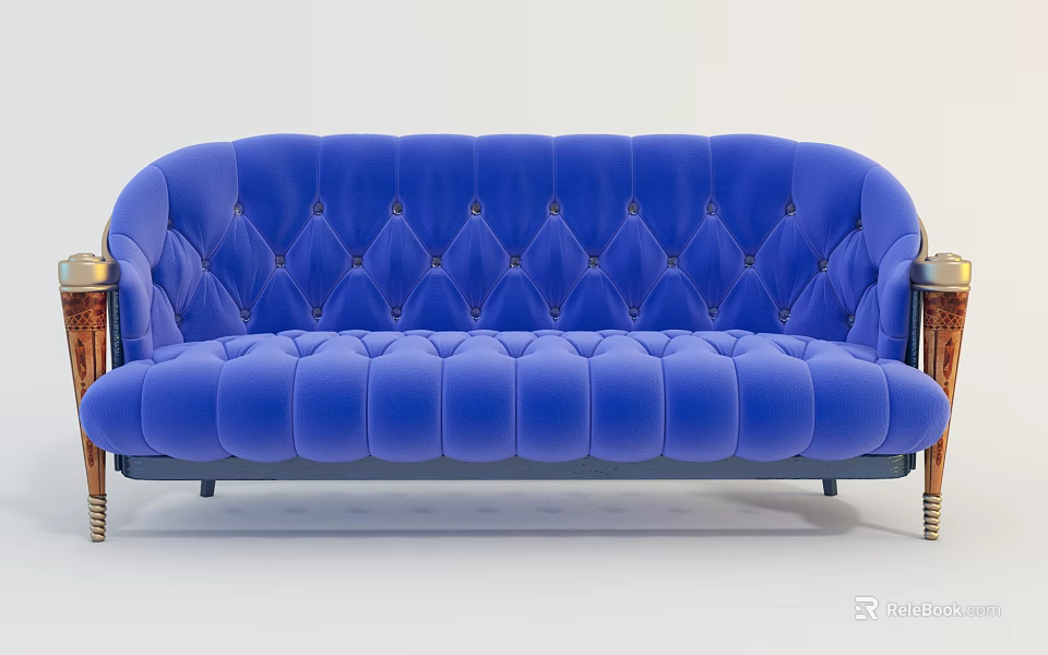 Elegant Blue Multi Seat Sofa With Tufted Backrest And Golden Armrests 3d model