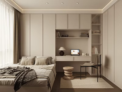 Modern Minimalist Tatami Bedroom Interior With Bed Desk Laptop Table Lamp And Bookshelf 3d model